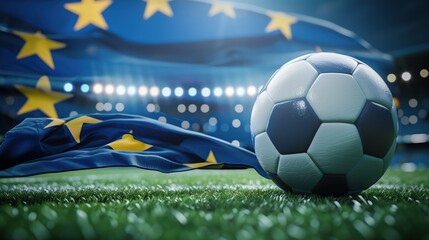 Naklejka premium Soccer Football Ball, European flag Celebration - EM European Championship 2024 sport win, triumph, winner celebration concept background illustration with copyspace