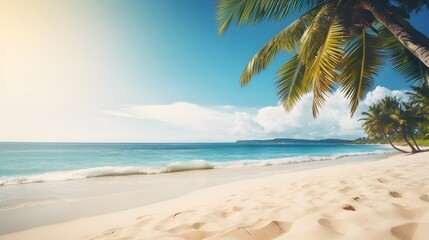 Obraz premium Blue sky with tropical water and young coconut palm tree on white sand beach. Summer Tropical Background.