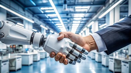 A handshake between a human and a robot in a research lab, working together towards success - symbolizing technological innovation, advancements in machine learning artificial 