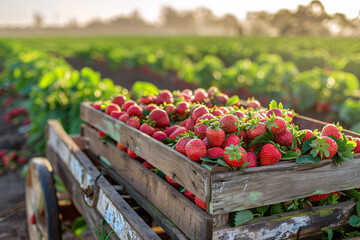 Wooden crates filled with freshly harvested strawberries in a field at sunrise