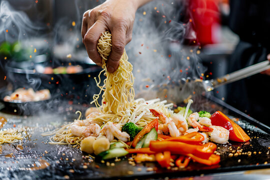 A chef's hand preparing a tepan stir-fry with noodles, shrimp, and vegetables on a hot griddle