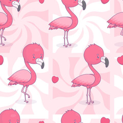 Seamless pattern with cute power pink flamingo. Funny cartoon kawaii bird character. Vector illustration