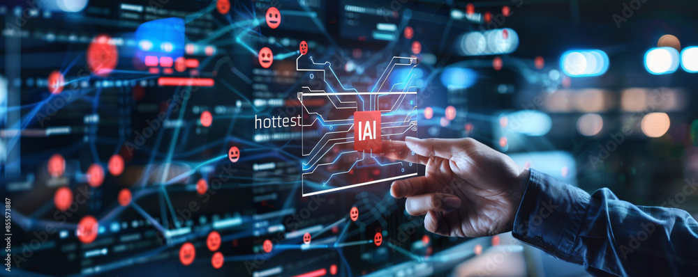 Poster businessman holding a virtual screen with an ai icon on a hologram technology background, depicting 