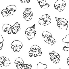 Cute kawaii funny mushroom. Seamless pattern. Coloring Page. Cartoon character in different poses. Hand drawn style. Vector drawing. Design ornaments.