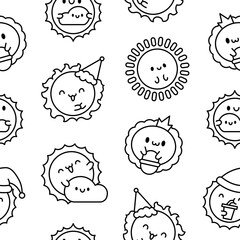 Cute kawaii sun with face. Seamless pattern. Coloring Page. Cartoon smiling characters. Hand drawn style. Vector drawing. Design ornaments.