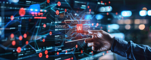 Businessman holding a virtual screen with an AI icon on a hologram technology background, depicting digital data connection and an artificial intelligence concept.