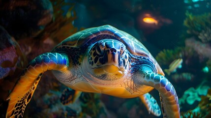 Fototapeta premium Mesmerizing Glowing Sea Turtle Exhibit at Monterey Bay Aquarium