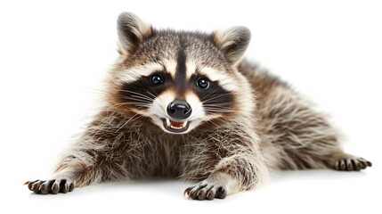 Fototapeta premium A raccoon is laying on the ground with its mouth open and teeth showing