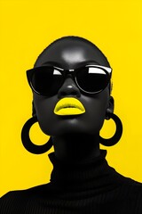 Minimalistic black and yellow photography of an african woman with glossy lips, huge round earrings , sunglasses