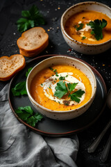 Two Bowls of pumpkin soup in a close-up view, set against a dark background.