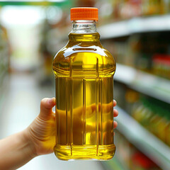  Hand holds a bottle of olive oil at grocery store
