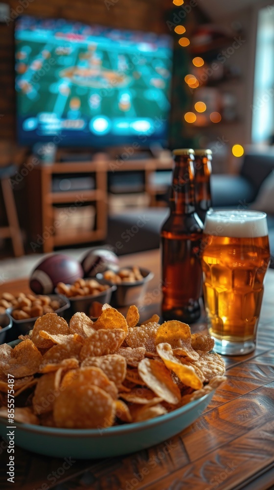 Poster a beer and snacks are on the table in front of a tv. generative ai.