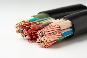 Close Up of Multi-Conductor Electrical Cable on White Background