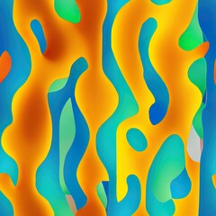 The image is a colorful abstract piece with orange and blue lines