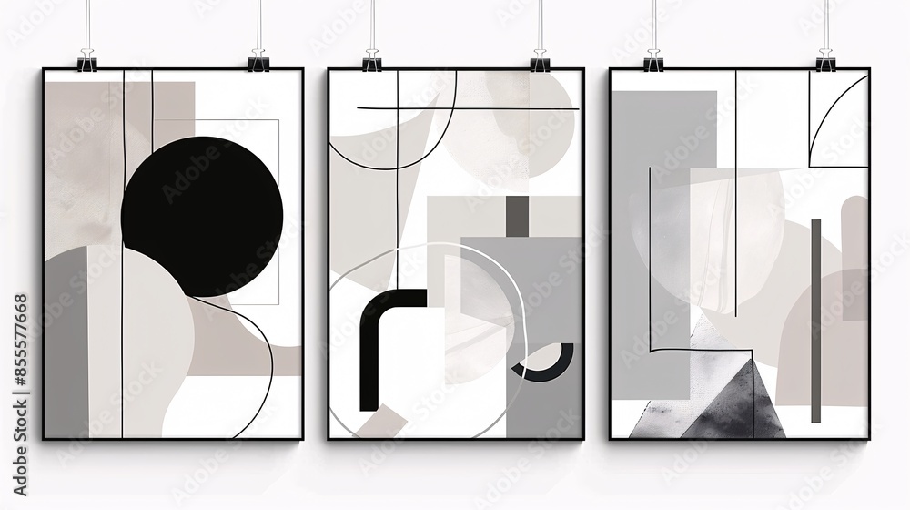 Poster a set of three modern minimalistic abstract art posters, displayed side by side on a white wall. eac