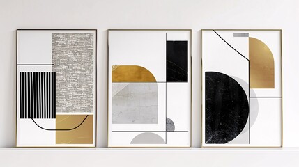 Three minimalistic abstract art posters arranged horizontally on a white wall. The posters showcase bold lines and basic shapes in contrasting colors of black, white, and gold, creating a striking