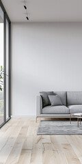 Fototapeta premium Luxury property interiors composition with natural lighting, minimal furniture and neutral tones. Residential interior design. Real Estate concept image.