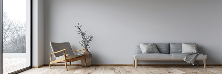 Obraz premium Luxury property interiors composition with natural lighting, minimal furniture and neutral tones. Residential interior design. Real Estate concept image.