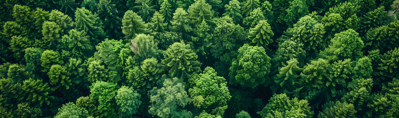 Fototapeta premium Aerial view of a dense green forest with tall trees seen from above. A bird's eye view of the lush rainforest canopy.