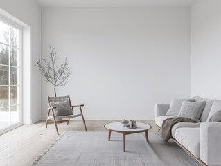 Fototapeta premium Luxury property interiors composition with natural lighting, minimal furniture and neutral tones. Residential interior design. Real Estate concept image.