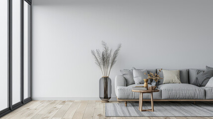 Luxury property interiors composition with natural lighting, minimal furniture and neutral tones. Residential interior design. Real Estate concept image.