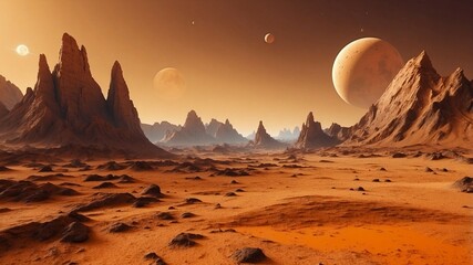 Mars planet landscape, 3d render of imaginary mars planet terrain, orange eroded desert mountains, realistic science fiction illustration.