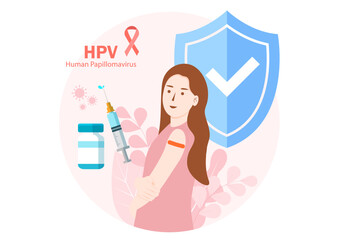 Woman shows off an orange plaster after receiving the vaccine. Prevent hpv virus infection and medication treatment, Reducing the chance of infection through vaccination, HPV (Human Papillomavirus)