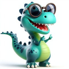Obraz premium 3D cartoon of a Happy Dinosaur wearing sunglasses, full body isolated white background