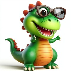 Fototapeta premium 3D cartoon of a Happy Dinosaur wearing sunglasses, full body isolated white background