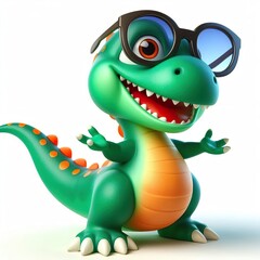 Fototapeta premium 3D cartoon of a Happy Dinosaur wearing sunglasses, full body isolated white background