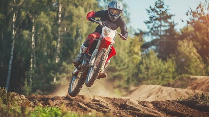 Naklejka premium Extreme motocross Rider riding. motocross race bike in action on dirt track. by ai generative