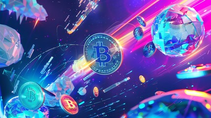 crypto illustration wallpaper, shiba, bitcoin, etherium, doge for website banners, article images about crypto, advertisements about crypto, crypto investment