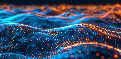 3D render of an abstract glowing digital background with neon blue and orange waves, a complex grid pattern and bokeh lights. 