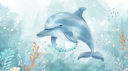 Beautiful watercolor illustration of a playful dolphin swimming in a serene underwater scene with sea plants.