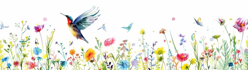 Obraz premium Beautiful watercolor painting of a hummingbird flying over a vibrant flower garden in spring, capturing nature's beauty and delicate details.