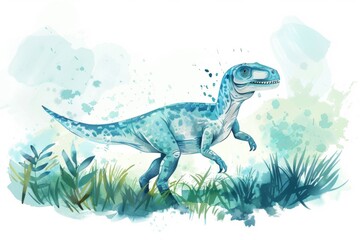 Watercolor illustration of a blue dinosaur walking through a grassy field with abstract splashes of color in the background.