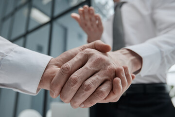 Business handshake of meeting or seminar room partner, business success and partnership concept