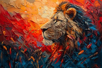 abstract painting of lion in sunset jungle, abstract brush strokes, thick color strokes, vintage,...