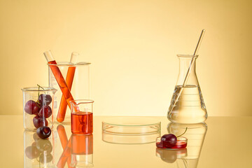 Laboratory scene on yellow background from front angle, a table displayed some lab items like a...