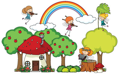 Fototapeta premium Fairies playing music in a whimsical forest