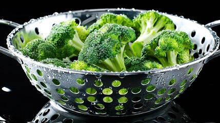   A colander of broccoli sits atop a black countertop, dripping with water below