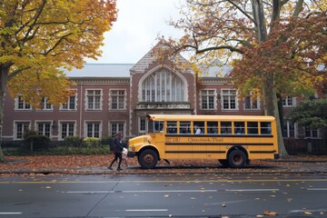 A yellow school bus parked in front of a building, a common scene during school drop-off and pick-up times, A school bus dropping off children in front of a bustling school building