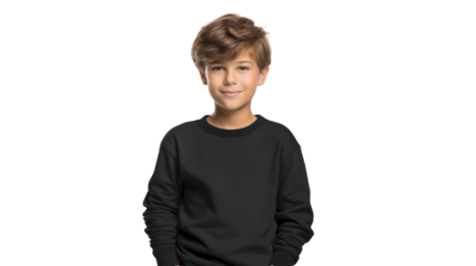 Portrait of a smiling child wearing black long sleeve t-shirt, isolated on transparent background