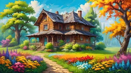 Fototapeta premium Oil painting on canvas summer landscape with wooden old house, beautiful flowers and trees.