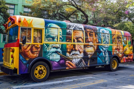 A school bus is adorned with a colorful mural depicting portraits of well-known scientists, A school bus with a mural of famous scientists and inventors