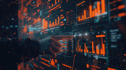Obraz premium Businessman's Hand Highlighting Graph on Digital Display