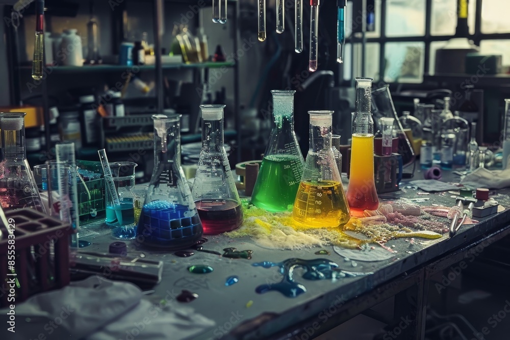 Poster multiple test tubes filled with liquid on a table, potentially part of a science experiment, a scien