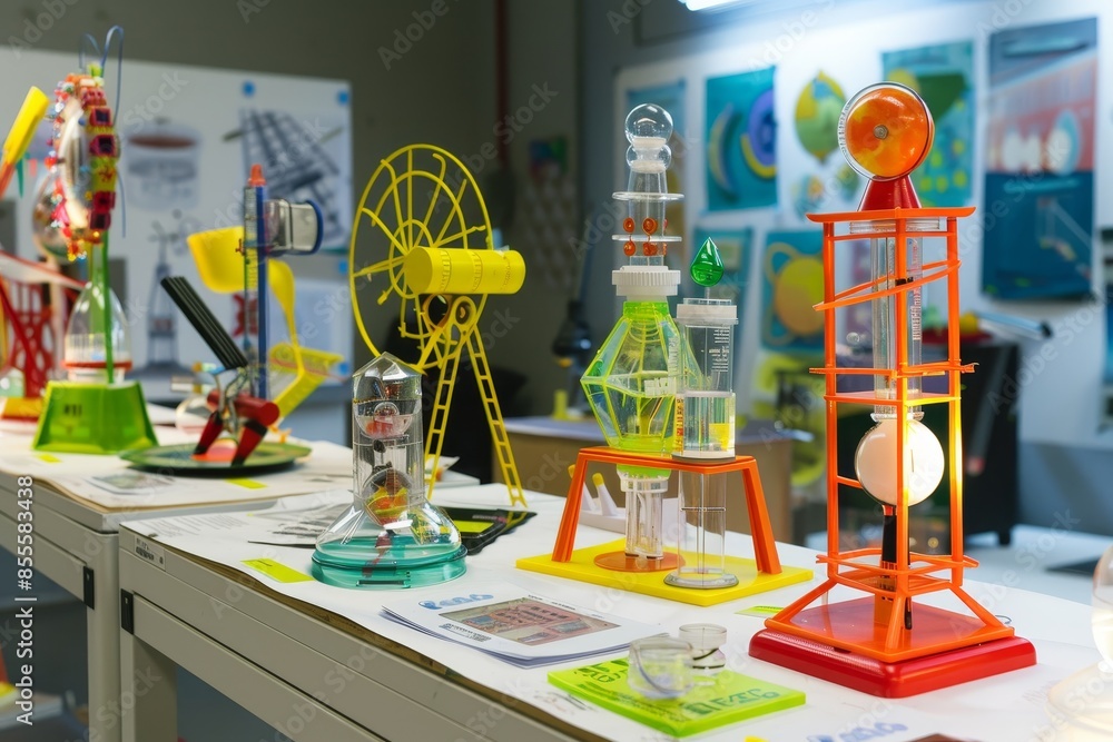 Poster an assortment of various types of toys neatly arranged on a table for display at a science fair, a s