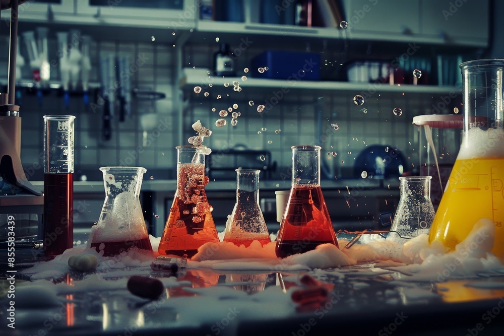 Poster beakers filled with various colored liquids in a laboratory setting, a science experiment gone wrong