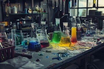 Multiple test tubes filled with liquid on a table, potentially part of a science experiment, A science experiment gone wrong, with beakers and test tubes scattered across the lab table